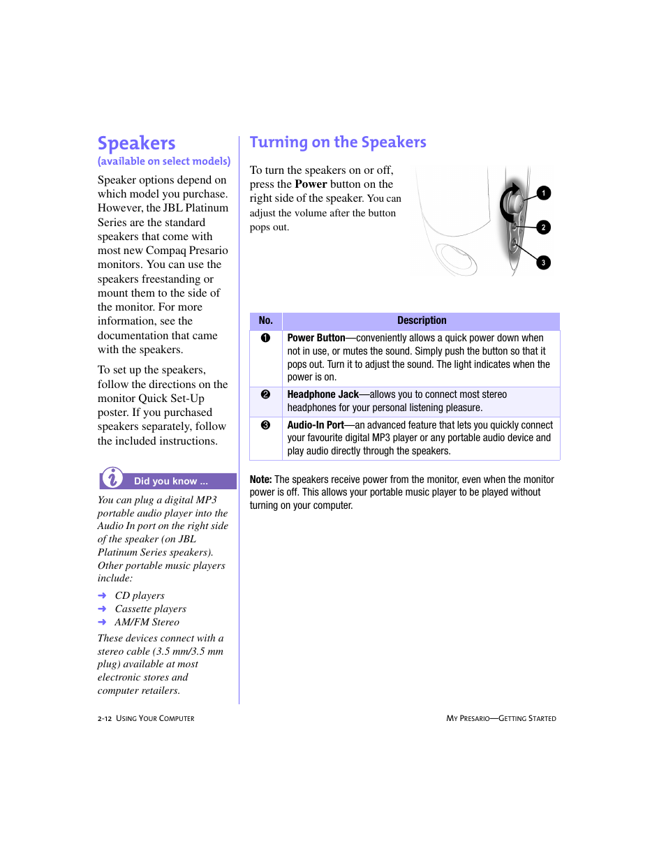 Speakers, Turning on the speakers, Speakers -12 | Turning on the speakers -12, Speakers, 2-12 | Compaq 4103TH User Manual | Page 25 / 73