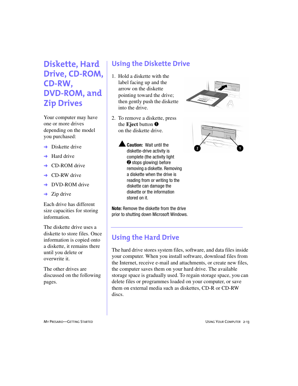 Using the diskette drive, Using the hard drive, Using the diskette drive -13 | Using the hard drive -13 | Compaq 4103TH User Manual | Page 26 / 73