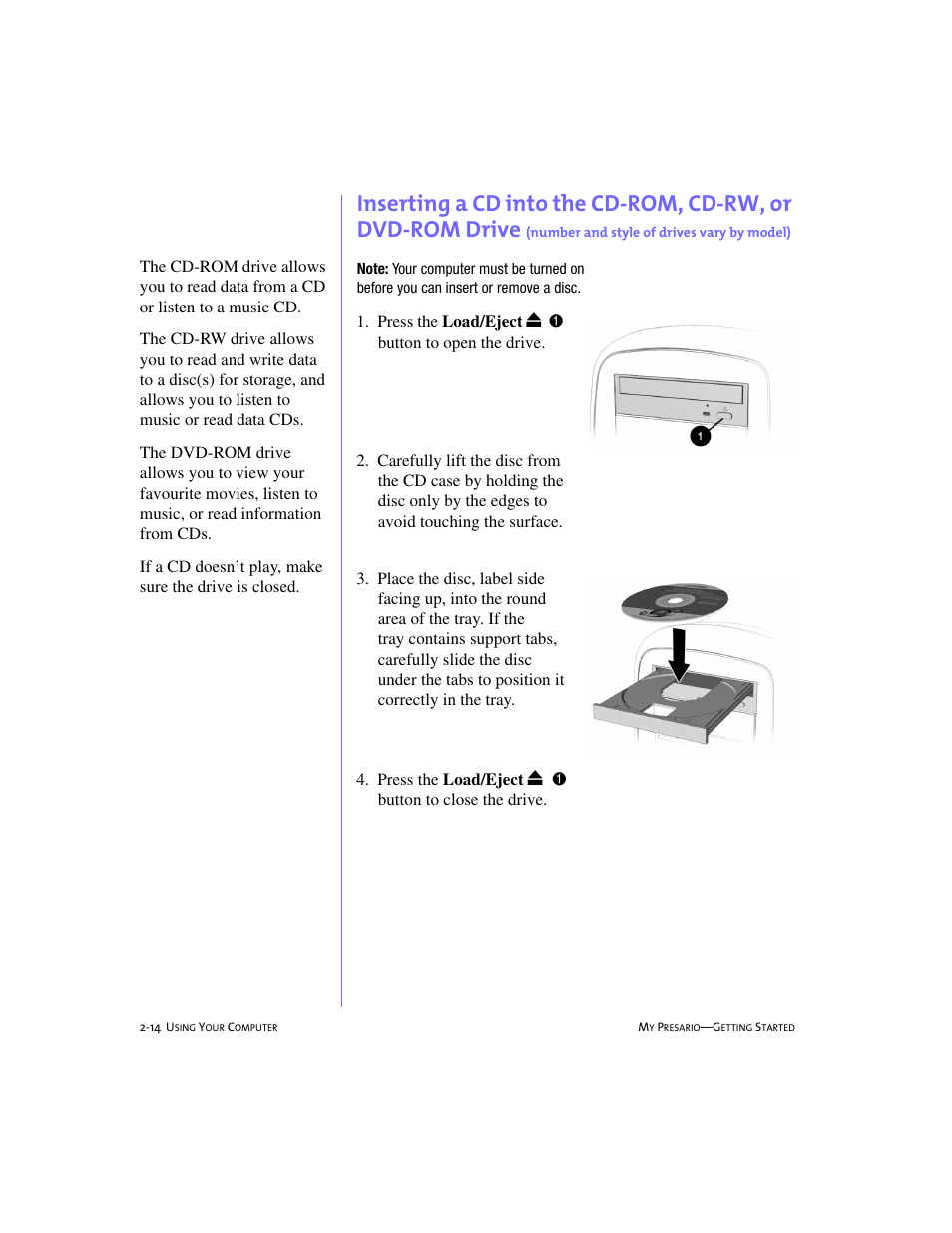 Inserting a cd into the cd-rom, cd-rw | Compaq 4103TH User Manual | Page 27 / 73