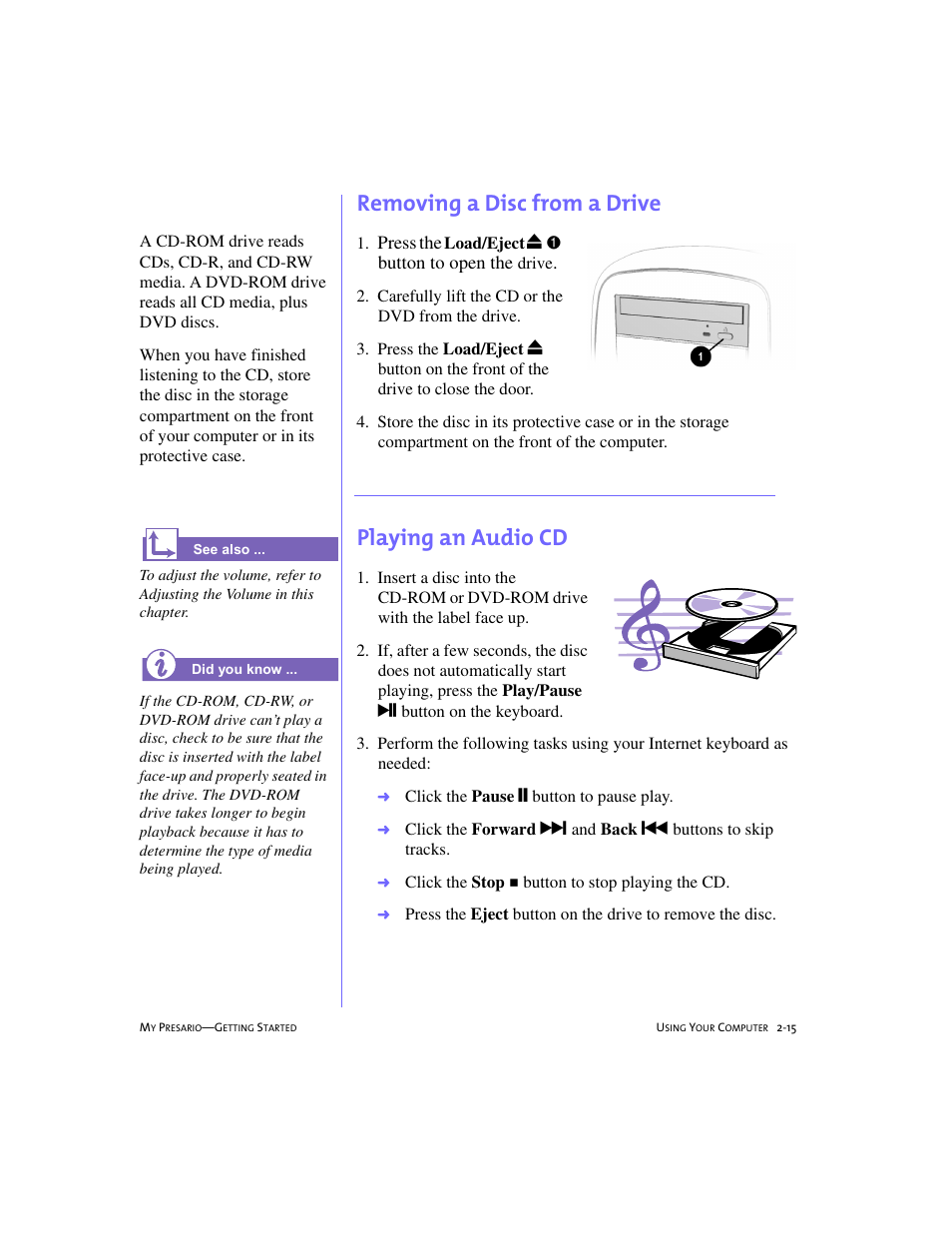 Removing a disc from a drive, Playing an audiocd, Removing a disc from a drive -15 | Playing an audio cd -14, Playing an audio cd | Compaq 4103TH User Manual | Page 28 / 73