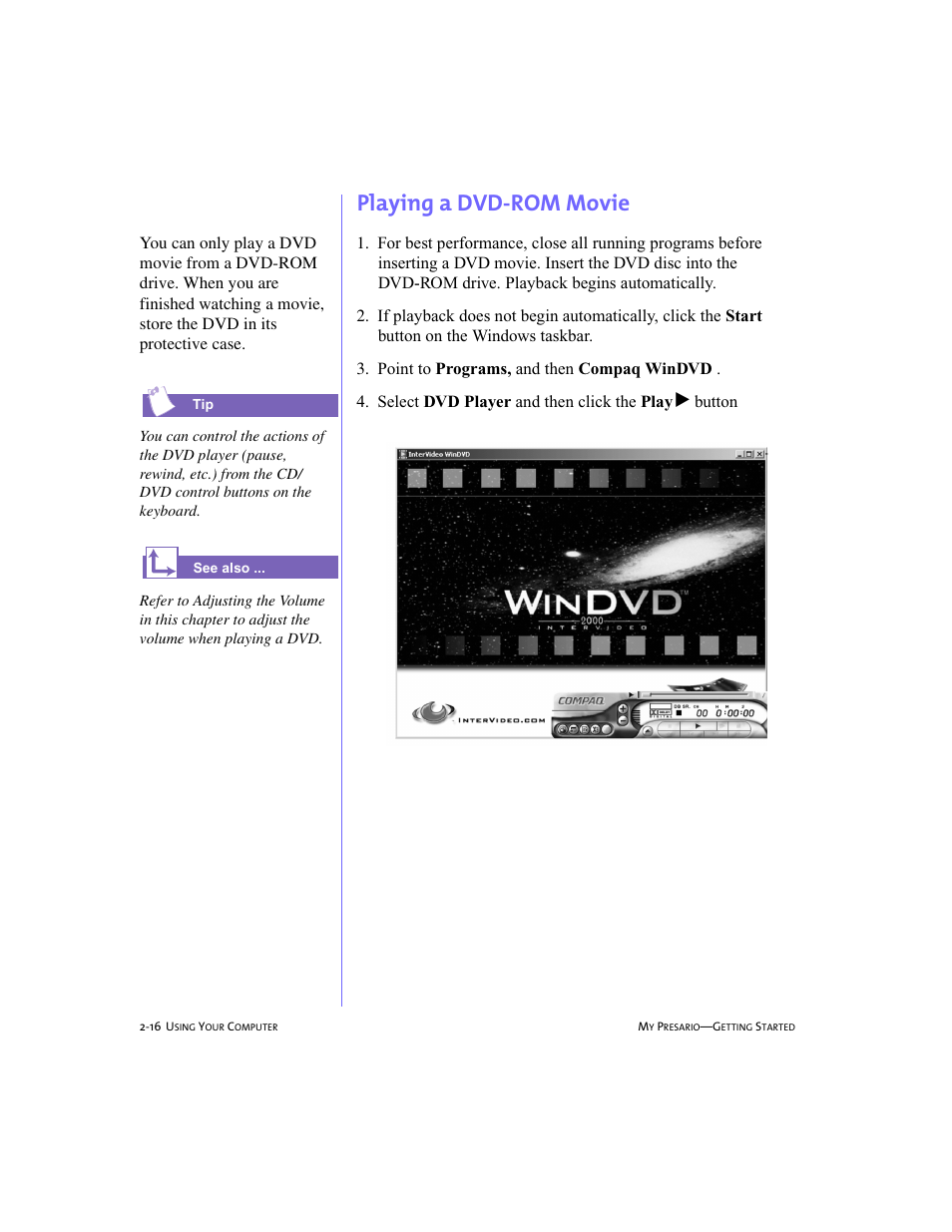 Playing a dvd-rom movie, Playing a dvd-rom movie -16 | Compaq 4103TH User Manual | Page 29 / 73