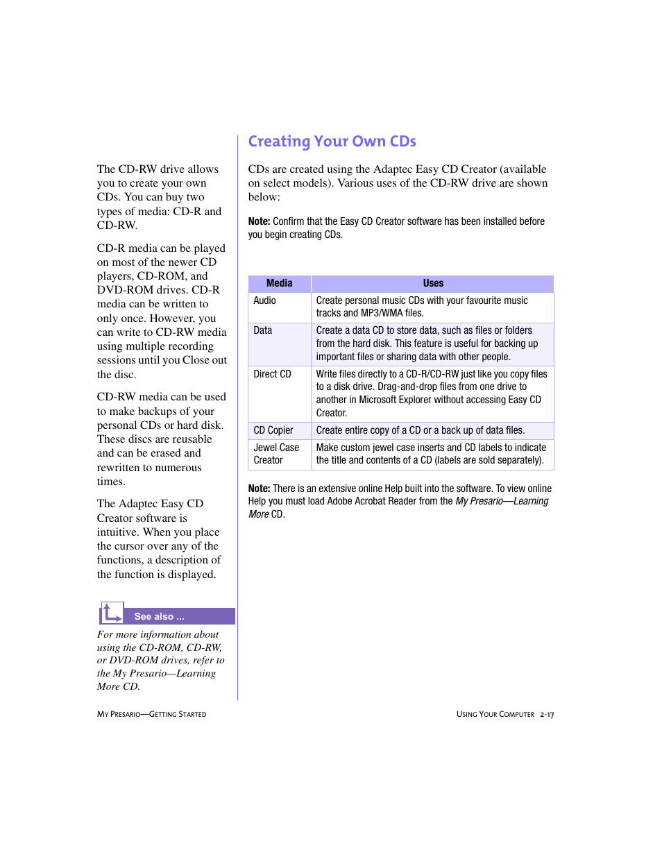 Creating your own cds, Creating your own cds -17 | Compaq 4103TH User Manual | Page 30 / 73