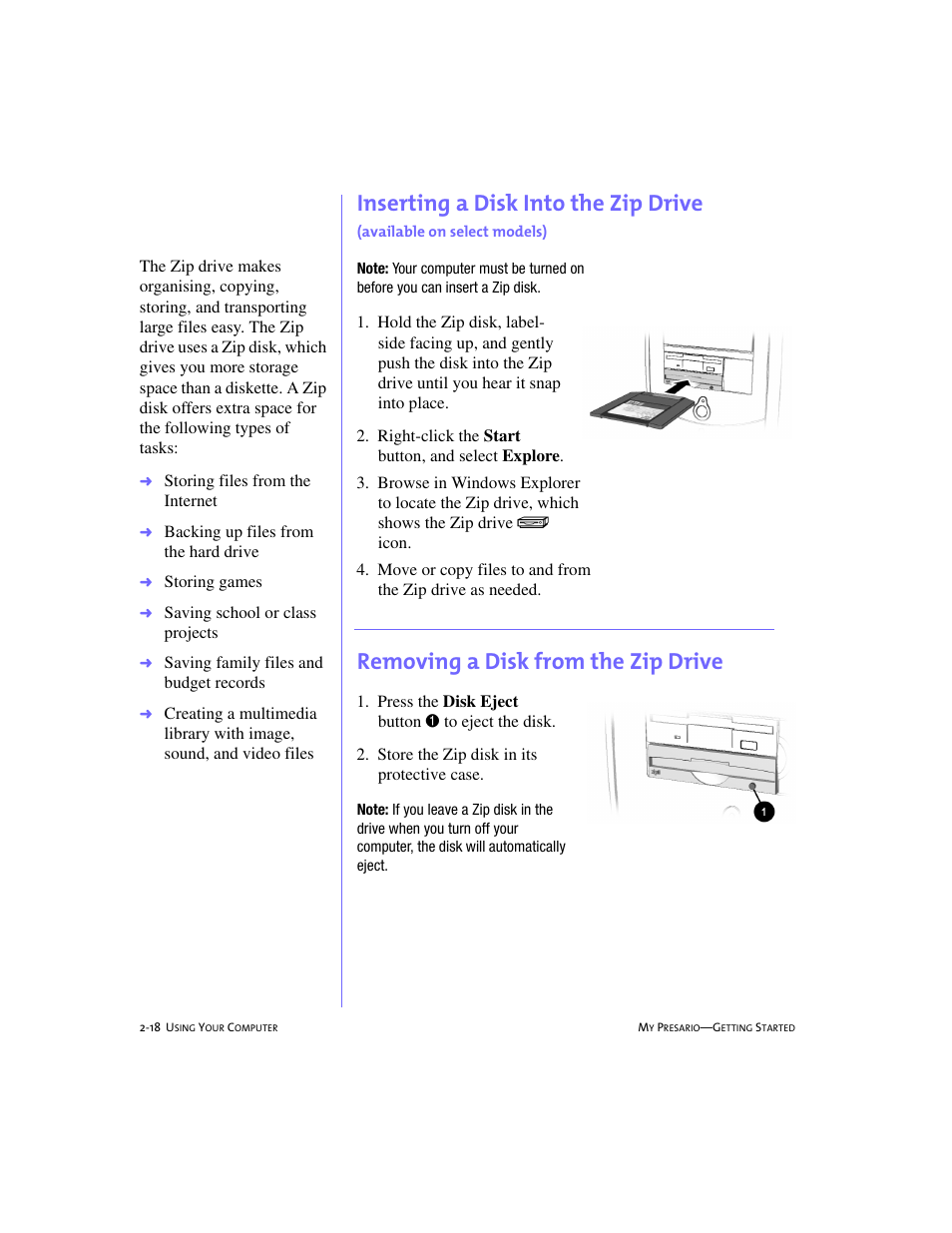 Removing a disk from the zip drive, Inserting a disk into the zip drive, Available on select models) -18 | Removing a disk from the zip drive -18 | Compaq 4103TH User Manual | Page 31 / 73