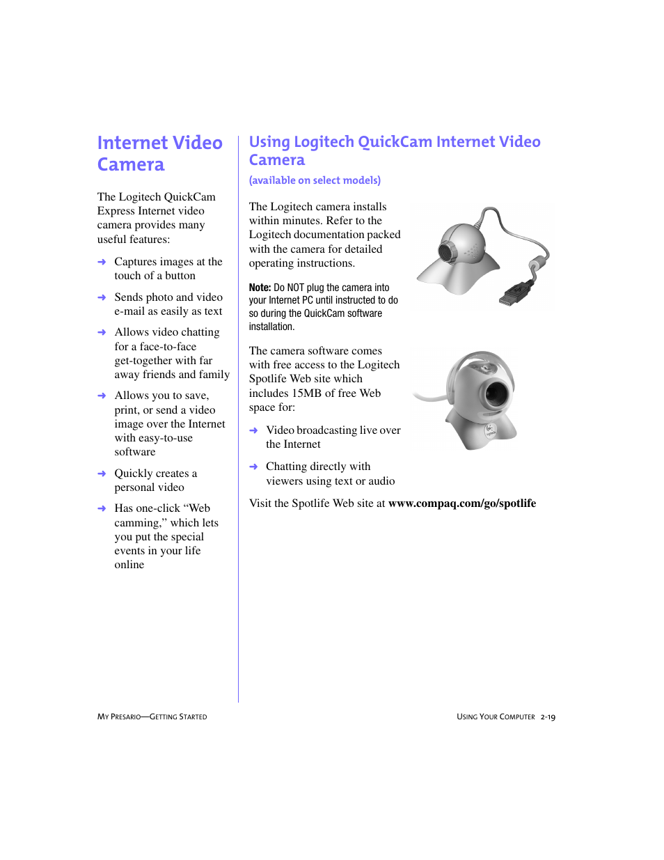 Internet video camera, Internet video camera -19, Using logitech quickcam internet video camera | Available on select models) -20, Internet video camera, 2-19 | Compaq 4103TH User Manual | Page 32 / 73