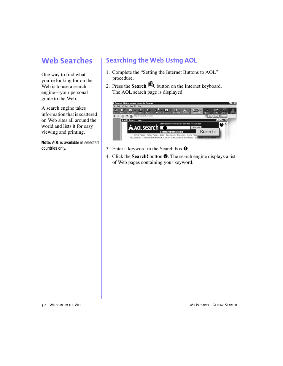 Web searches, Searching the web using aol, Web searches -4 | Searching the web using aol -4, Web searches, 3-4 | Compaq 4103TH User Manual | Page 37 / 73