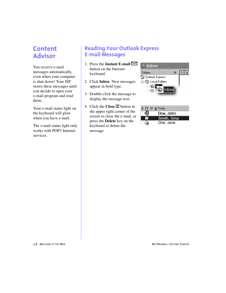 Content advisor, Reading your outlook express e-mail messages, Content advisor -8 | Reading your outlook express, E-mail messages -8, Content advisor, 3-8 | Compaq 4103TH User Manual | Page 41 / 73