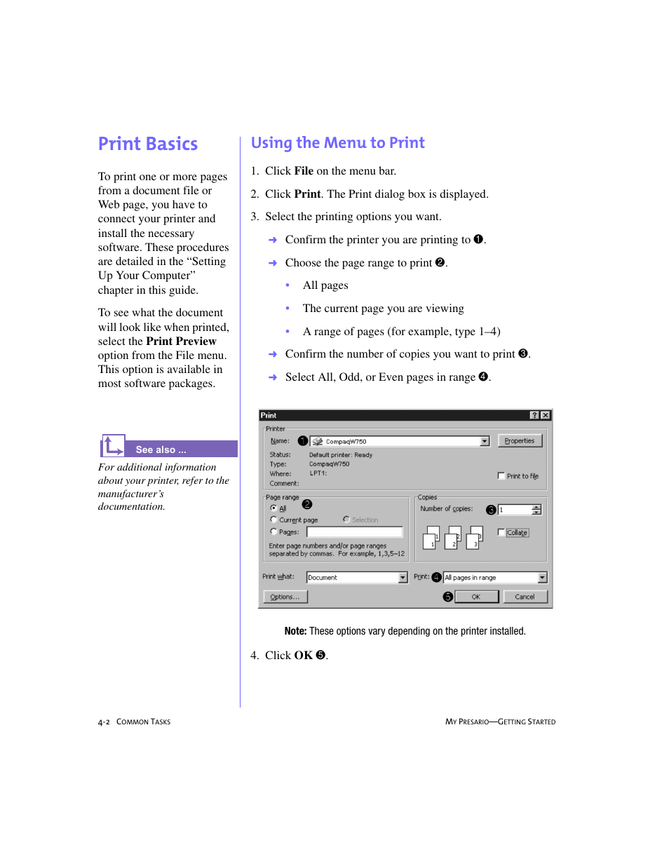 Print basics, Using the menu to print, Print basics -2 | Using the menu to print -2, Print basics, 4-2 | Compaq 4103TH User Manual | Page 45 / 73