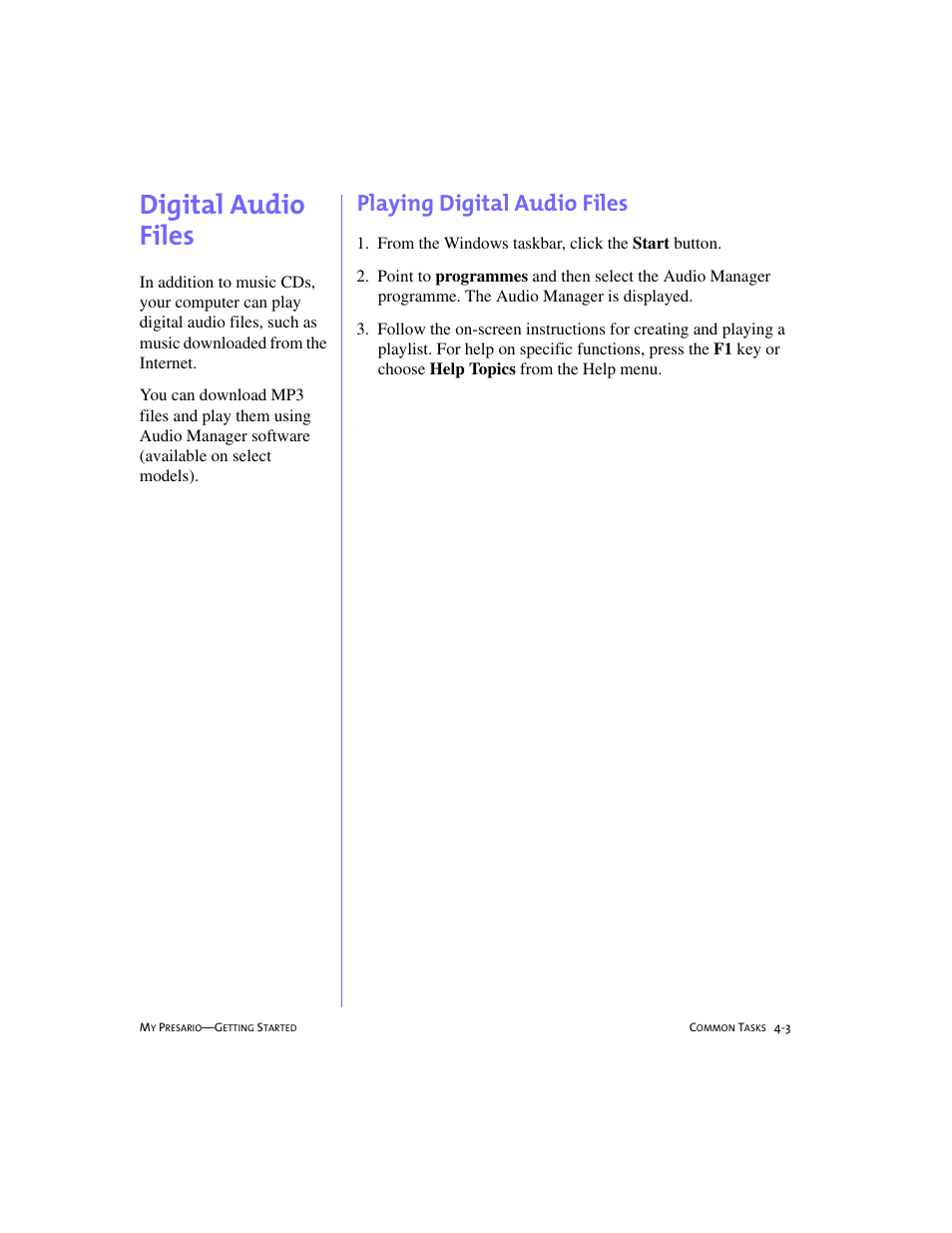 Digital audio files, Playing digital audio files, Digital audio files -3 | Playing digital audio files -3, Digital audio files, 4-3 | Compaq 4103TH User Manual | Page 46 / 73