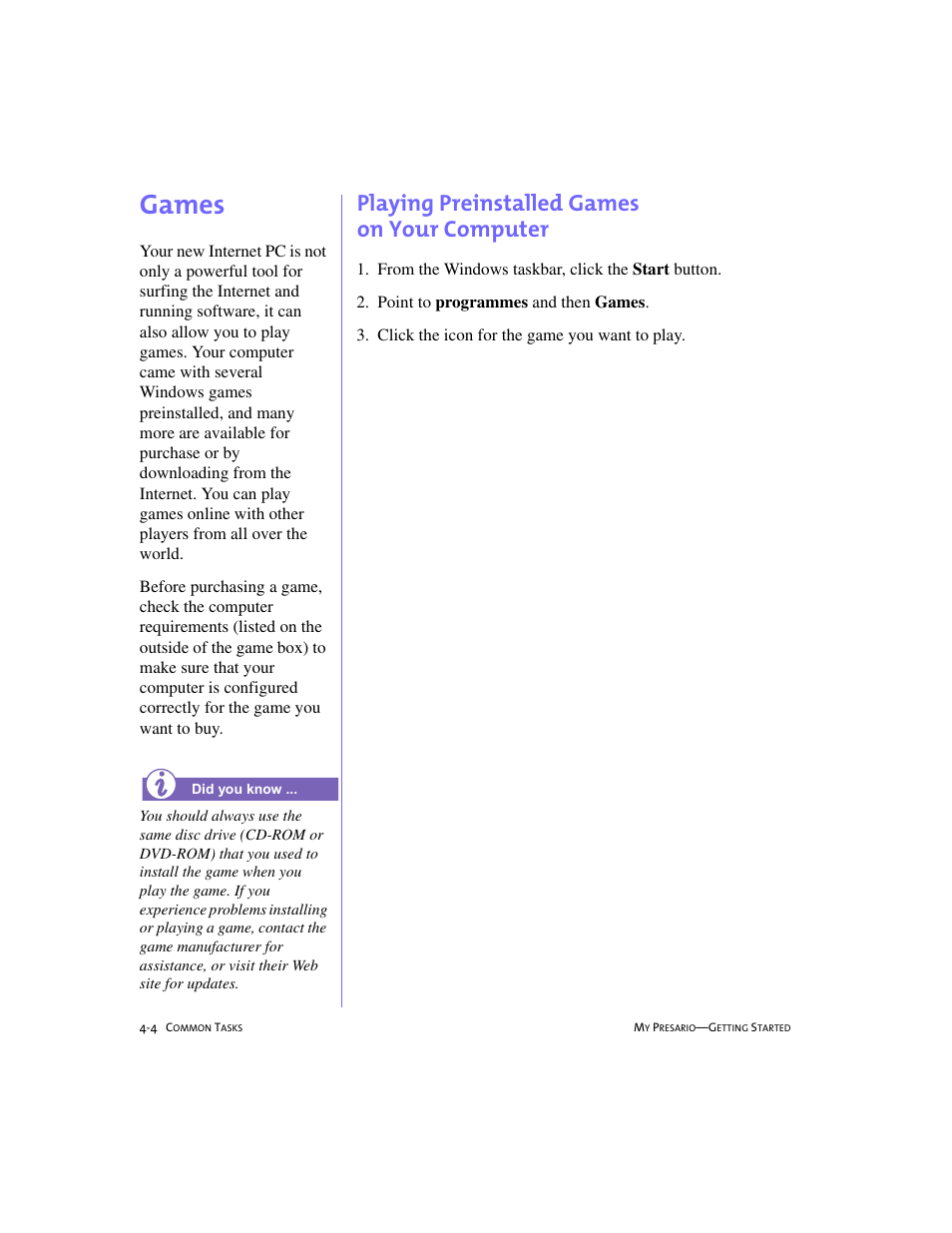 Games, Playing preinstalled games onyourcomputer, Games -4 | Playing preinstalled games on your computer -4, Games, 4-4, Playing preinstalled games on your computer | Compaq 4103TH User Manual | Page 47 / 73