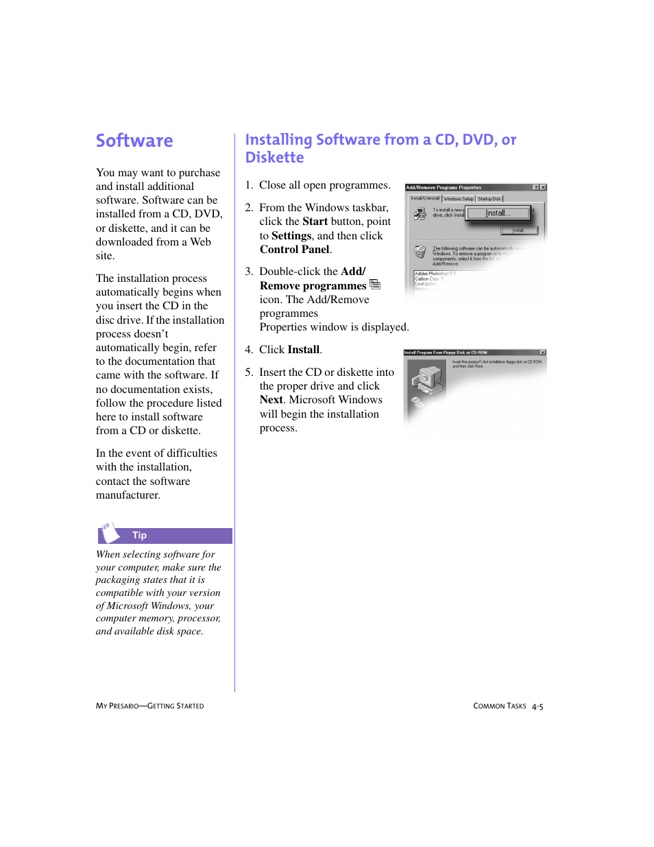 Software, Installing software from a cd, dvd, or diskette, Software -5 | Installing software from a cd, dvd, or diskette -5, Software, 4-5 | Compaq 4103TH User Manual | Page 48 / 73