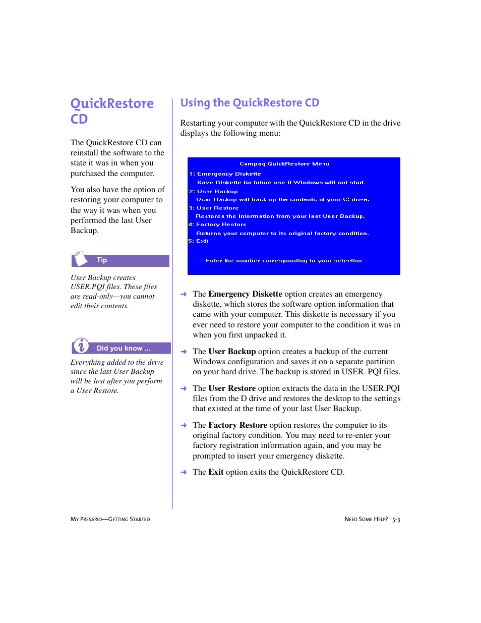 Quickrestore cd, Using the quickrestore cd, Quickrestore cd, 5-3 | The exit option exits the quickrestore cd | Compaq 4103TH User Manual | Page 52 / 73