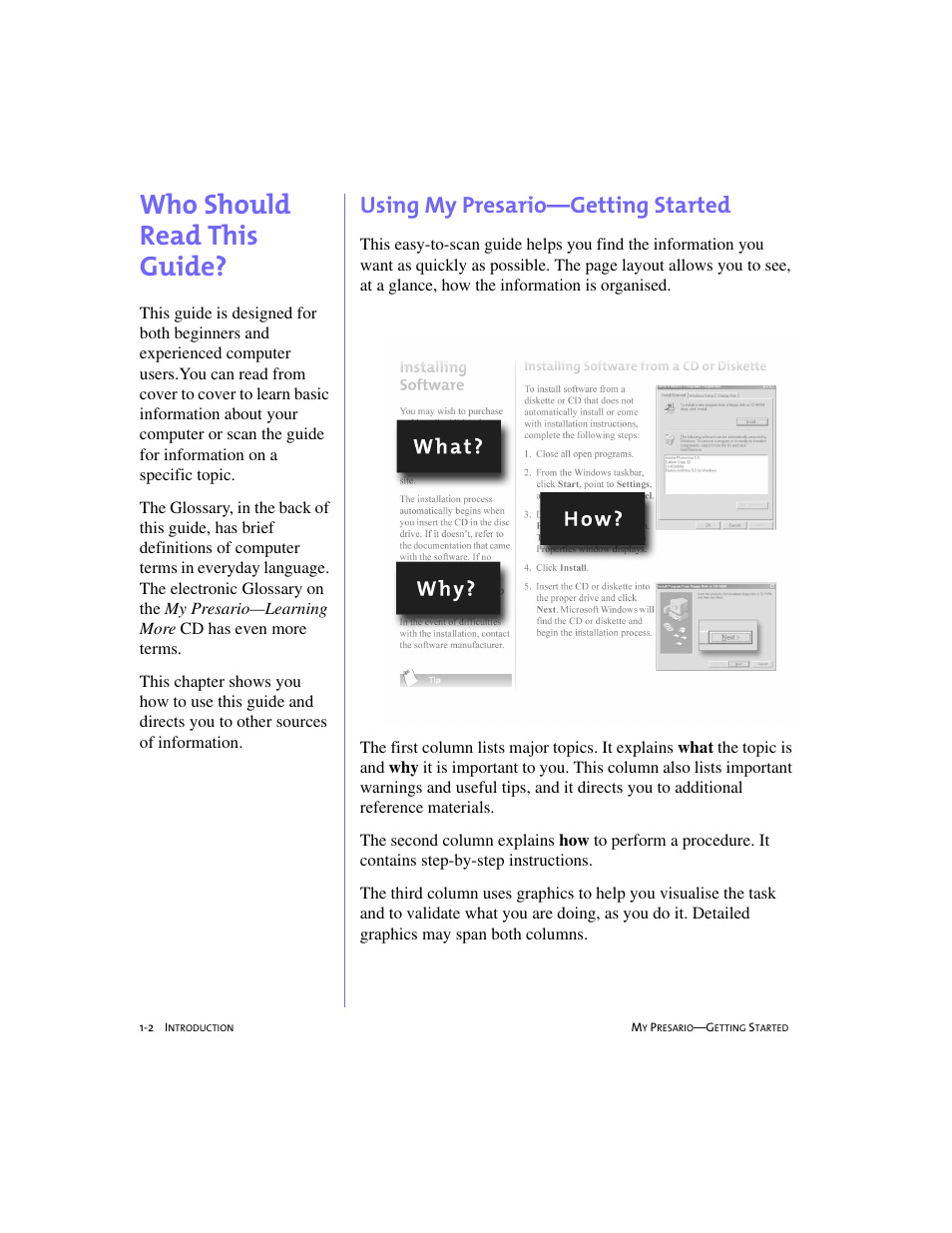 Who should read this guide, Using my presario—getting started, Who should read this guide? -2 | Using my presario—getting started -2, Who should read this guide?, 1-2 | Compaq 4103TH User Manual | Page 9 / 73