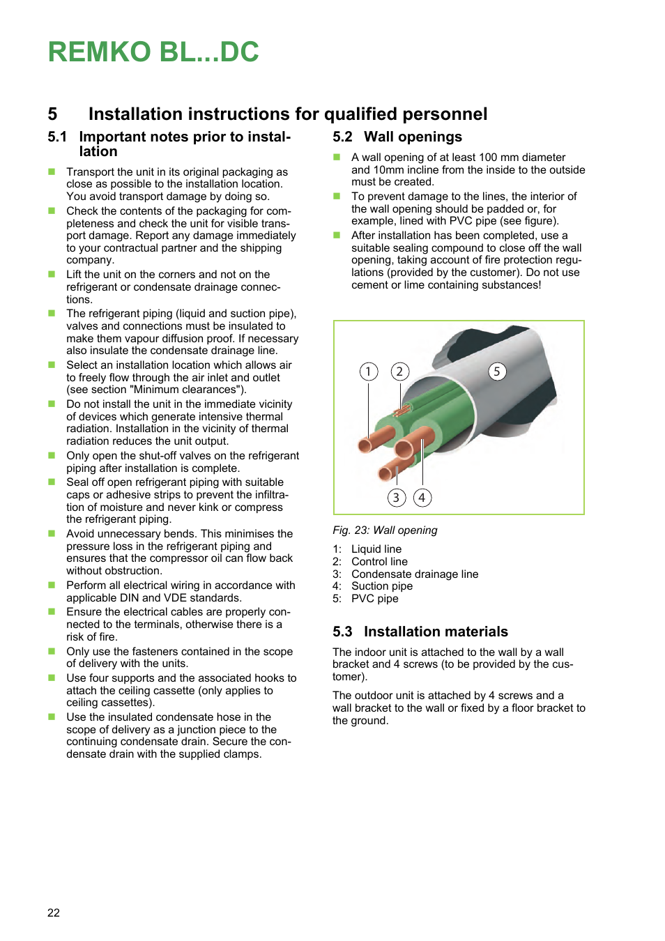 1 important notes prior to installation, 2 wall openings, 3 installation materials | Remko bl...dc, 5installation instructions for qualified personnel | REMKO BL 262 DC User Manual | Page 22 / 56