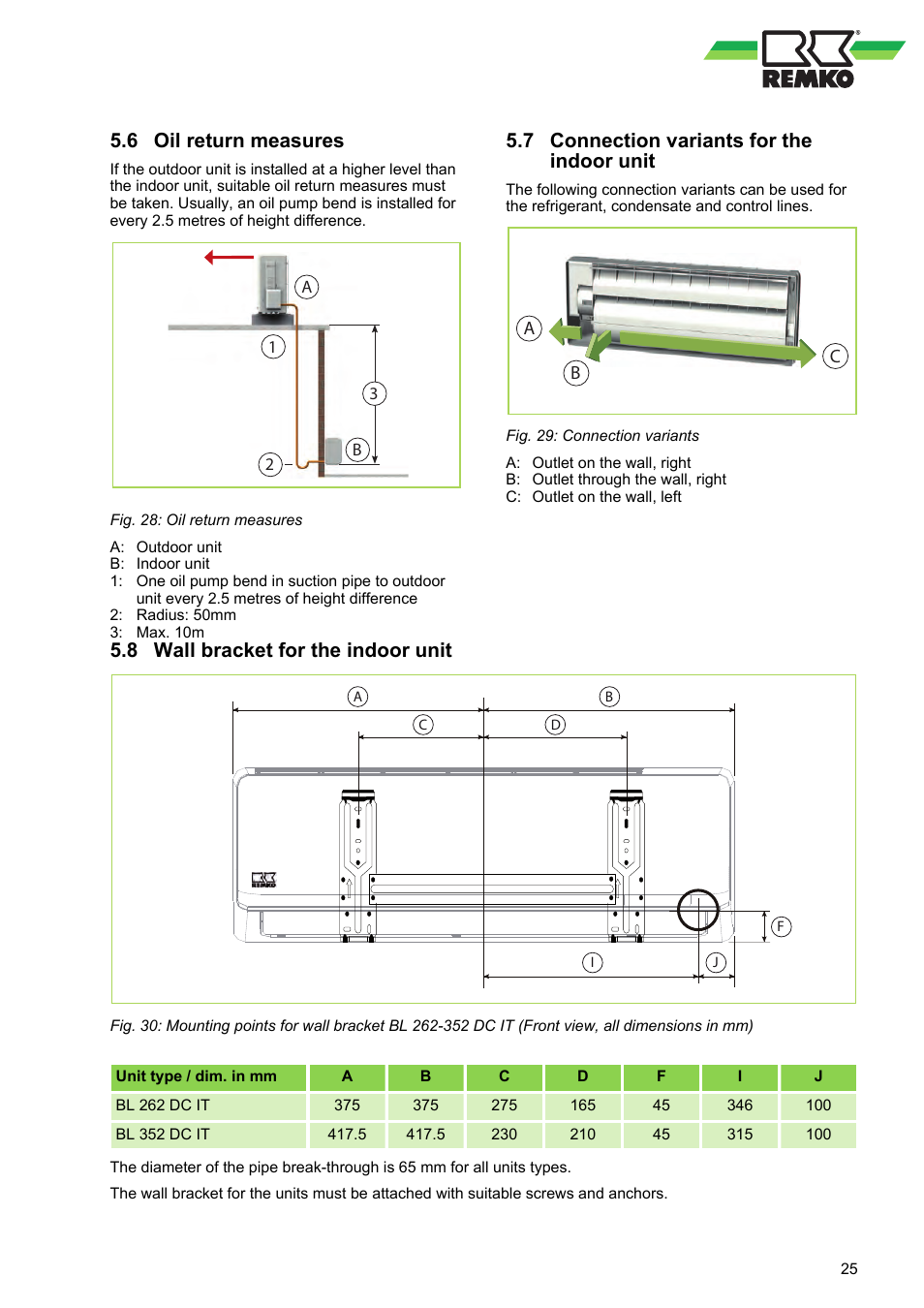 6 oil return measures, 7 connection variants for the indoor unit, 8 wall bracket for the indoor unit | REMKO BL 262 DC User Manual | Page 25 / 56