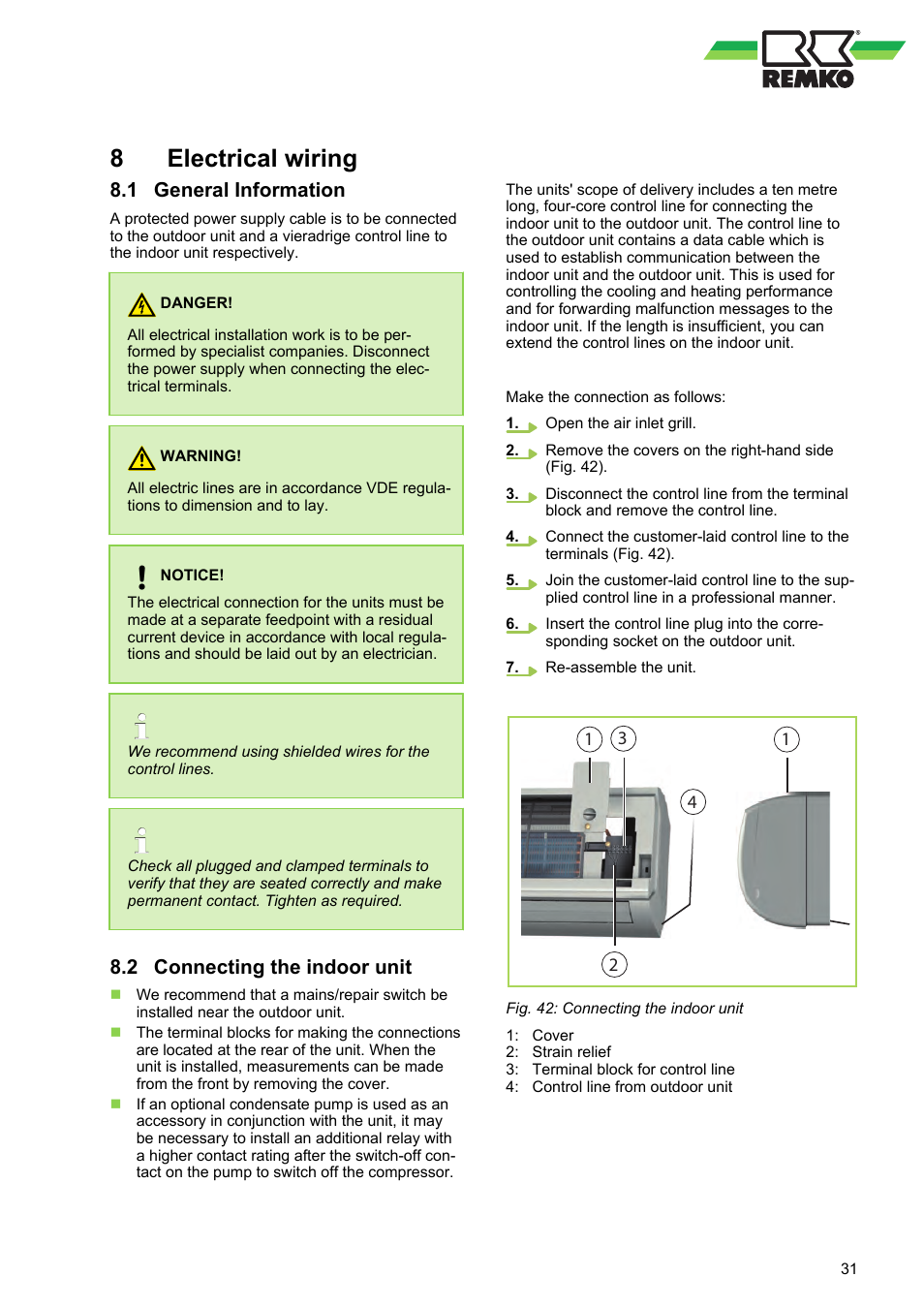 8 electrical wiring, 1 general information, 2 connecting the indoor unit | 8electrical wiring | REMKO BL 262 DC User Manual | Page 31 / 56