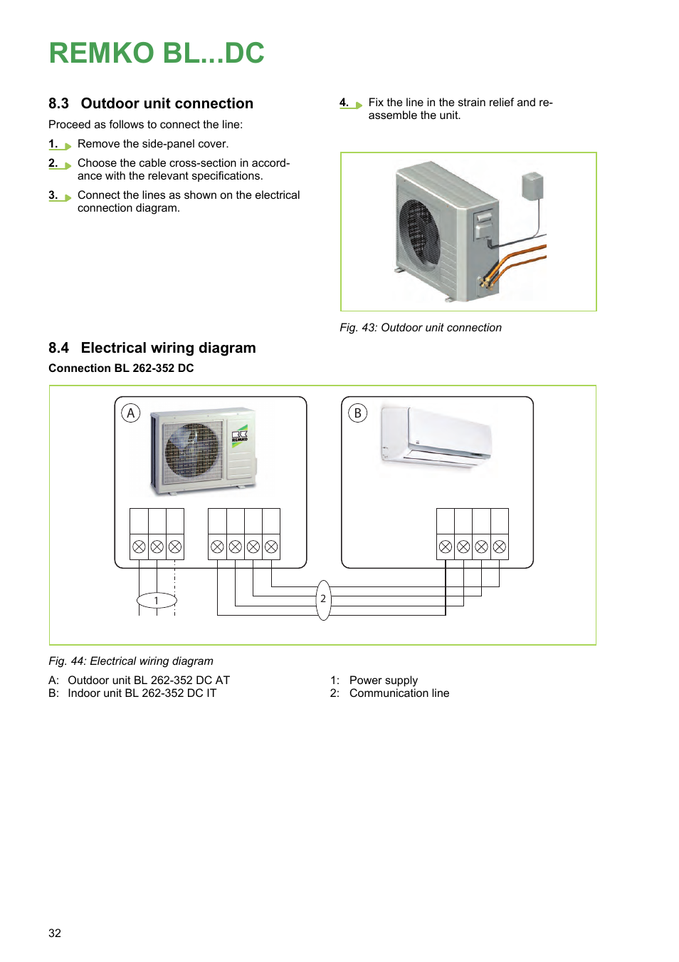 3 outdoor unit connection, 4 electrical wiring diagram, Remko bl...dc | REMKO BL 262 DC User Manual | Page 32 / 56