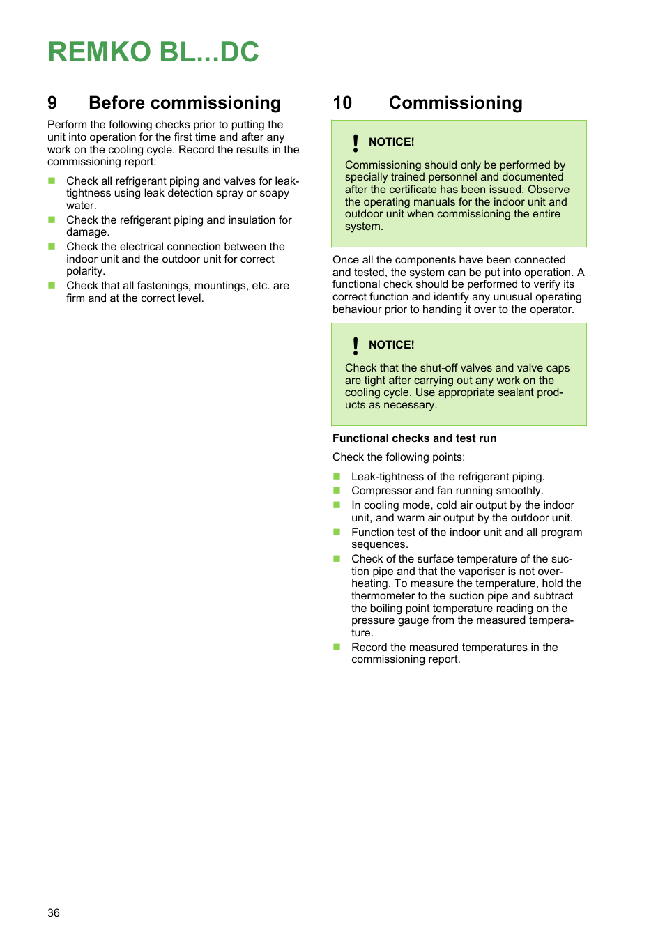 9 before commissioning, 10 commissioning, Before commissioning | Commissioning, Remko bl...dc, 9before commissioning | REMKO BL 262 DC User Manual | Page 36 / 56