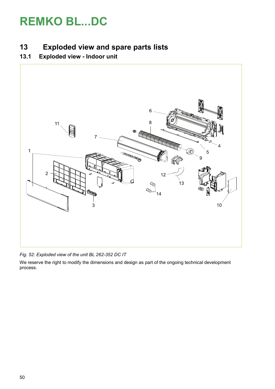 13 exploded view and spare parts lists, 1 exploded view - indoor unit, Remko bl...dc | REMKO BL 262 DC User Manual | Page 50 / 56