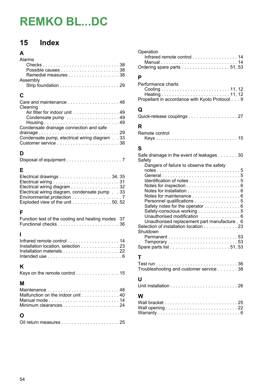 15 index, Index, Remko bl...dc | REMKO BL 262 DC User Manual | Page 54 / 56