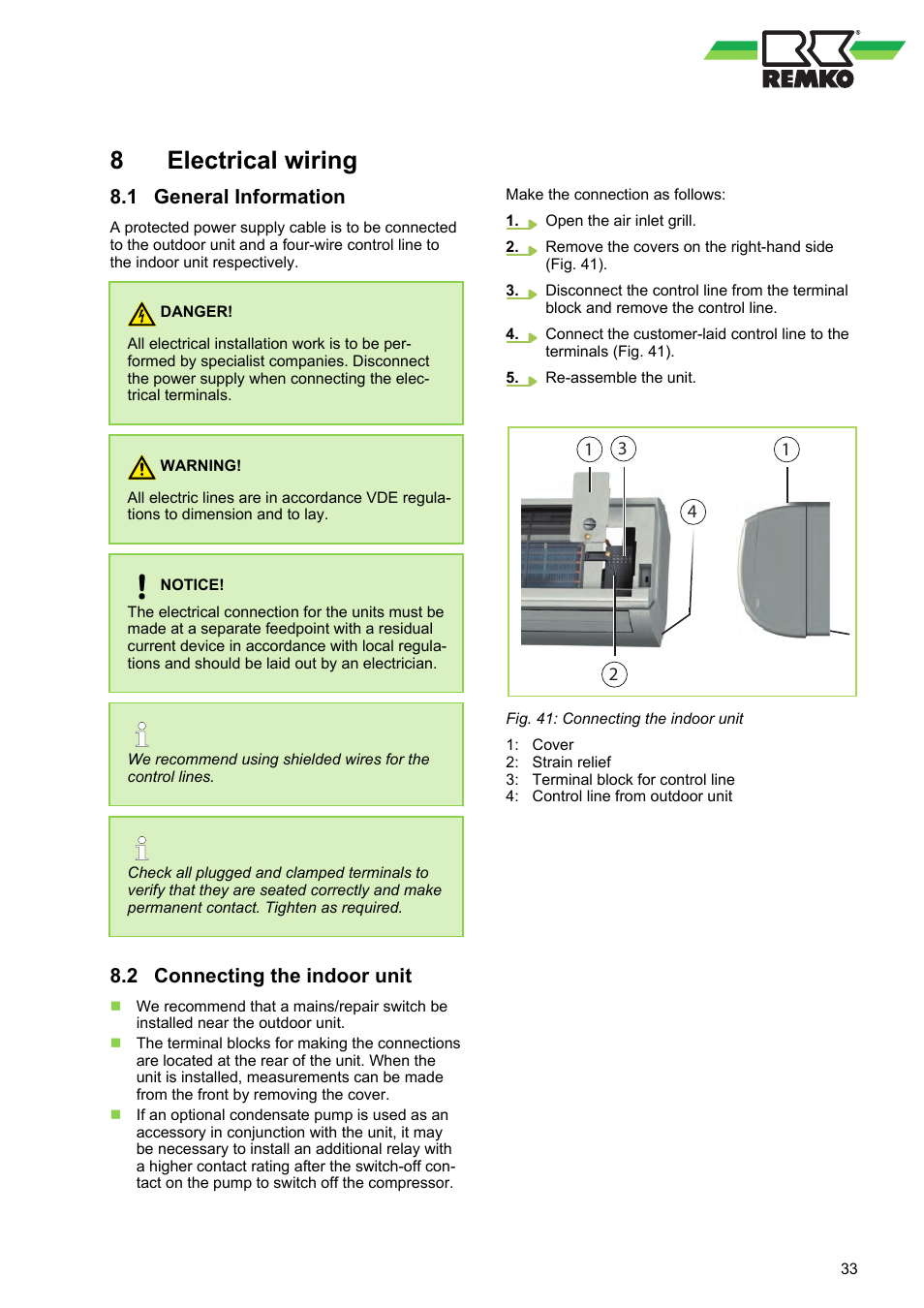 8 electrical wiring, 1 general information, 2 connecting the indoor unit | Electrical wiring, General information, Connecting the indoor unit | REMKO ML 263 DC User Manual | Page 33 / 64