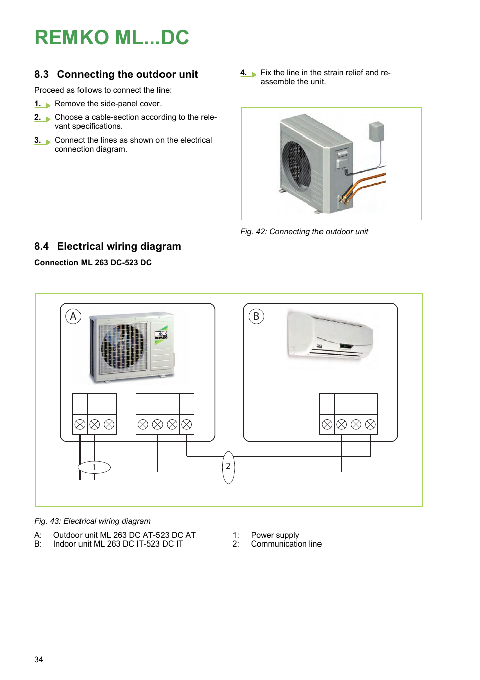 3 connecting the outdoor unit, 4 electrical wiring diagram, Remko ml...dc | Connecting the outdoor unit, Electrical wiring diagram | REMKO ML 263 DC User Manual | Page 34 / 64