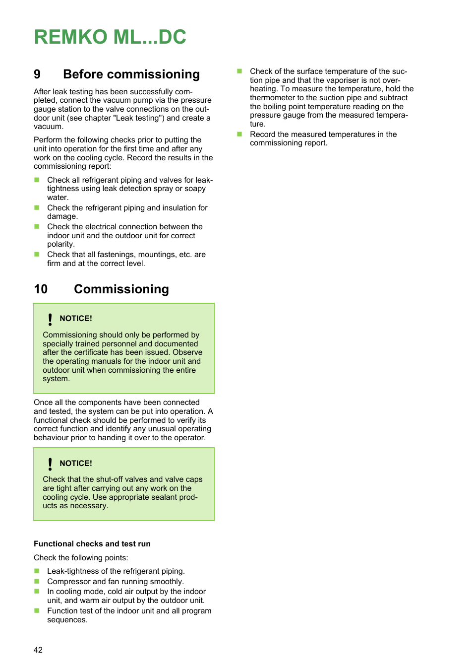 9 before commissioning, 10 commissioning, Before commissioning | Commissioning, Remko ml...dc | REMKO ML 263 DC User Manual | Page 42 / 64