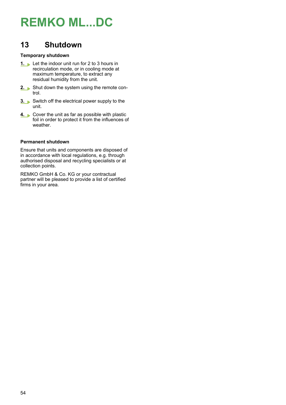 13 shutdown, Shutdown, Remko ml...dc | REMKO ML 263 DC User Manual | Page 54 / 64