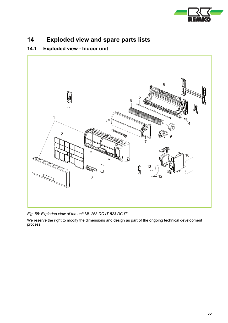 14 exploded view and spare parts lists, 1 exploded view - indoor unit, Exploded view and spare parts lists | REMKO ML 263 DC User Manual | Page 55 / 64