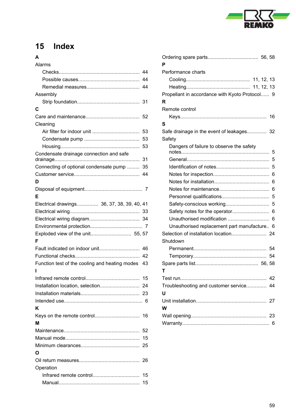 15 index, Index | REMKO ML 263 DC User Manual | Page 59 / 64