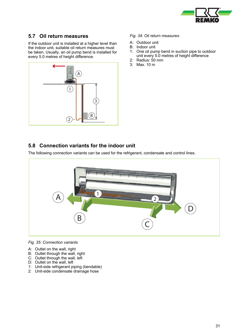 7 oil return measures, 8 connection variants for the indoor unit, Ad c b | REMKO RVT 263 DC User Manual | Page 31 / 72