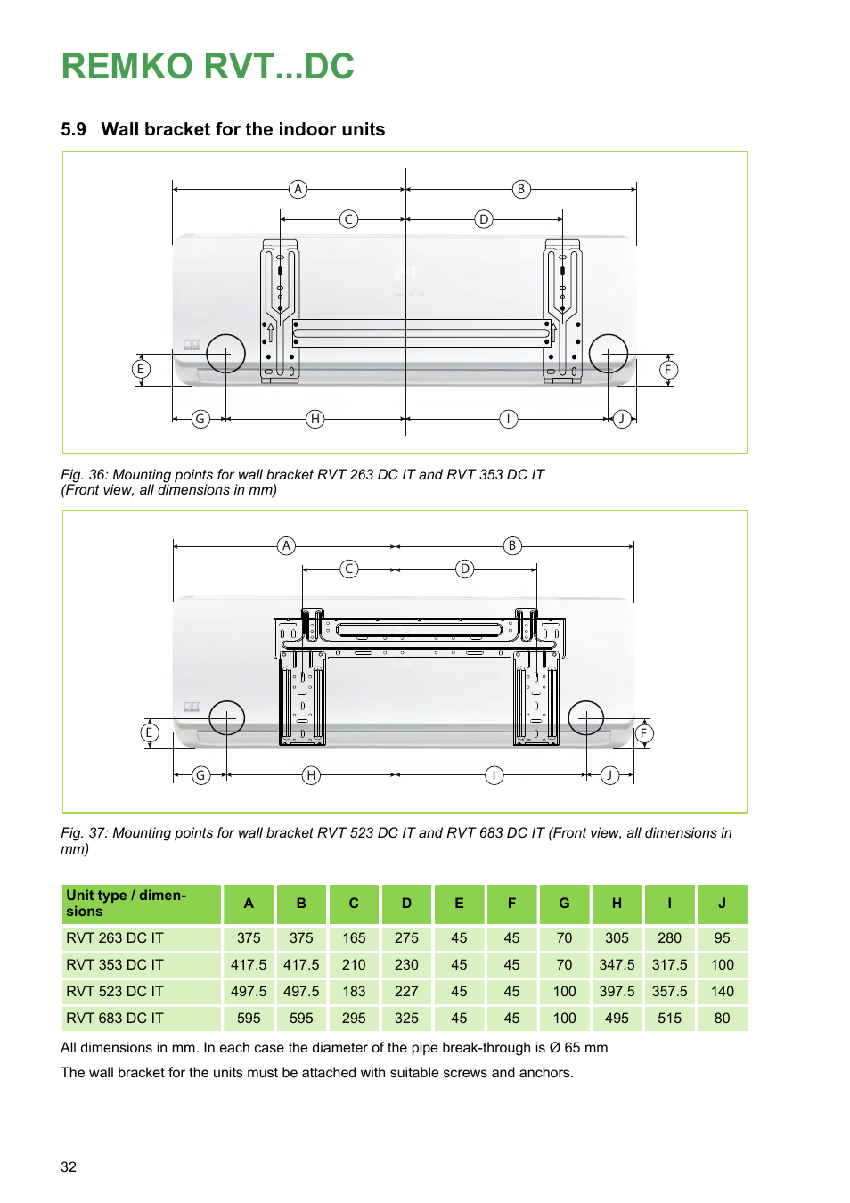 9 wall bracket for the indoor units, Remko rvt...dc | REMKO RVT 263 DC User Manual | Page 32 / 72