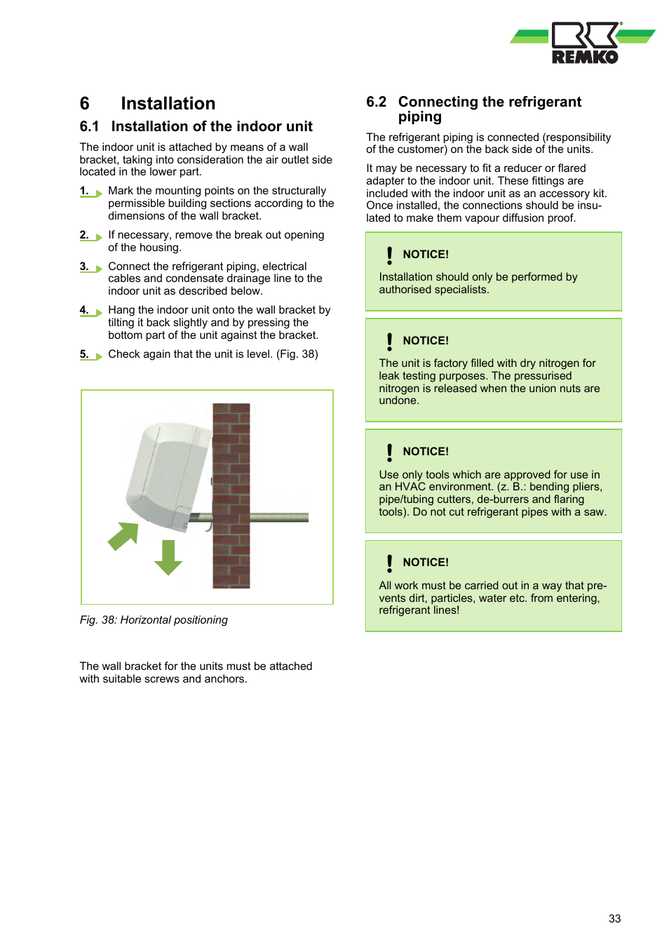 6 installation, 1 installation of the indoor unit, 2 connecting the refrigerant piping | 6installation | REMKO RVT 263 DC User Manual | Page 33 / 72