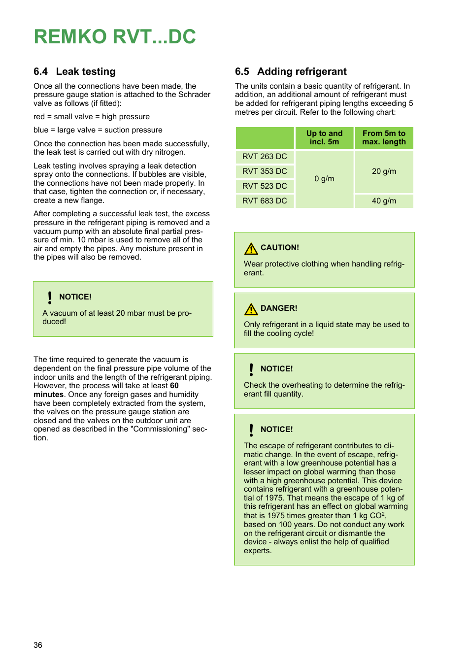 4 leak testing, 5 adding refrigerant, 4 leak testing 6.5 adding refrigerant | Remko rvt...dc | REMKO RVT 263 DC User Manual | Page 36 / 72