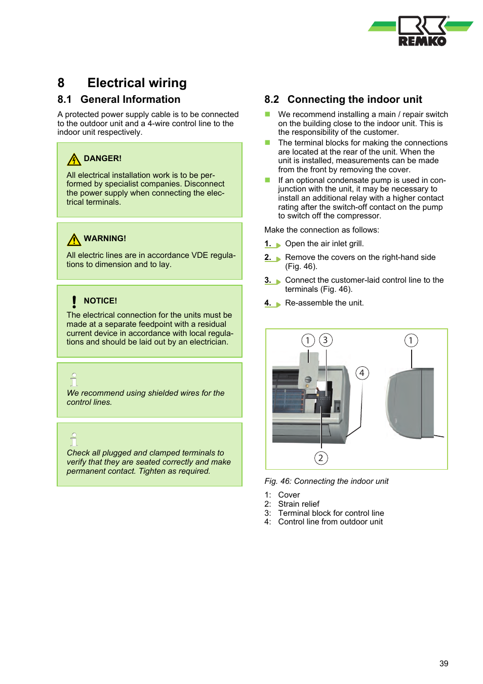 8 electrical wiring, 1 general information, 2 connecting the indoor unit | 8electrical wiring | REMKO RVT 263 DC User Manual | Page 39 / 72
