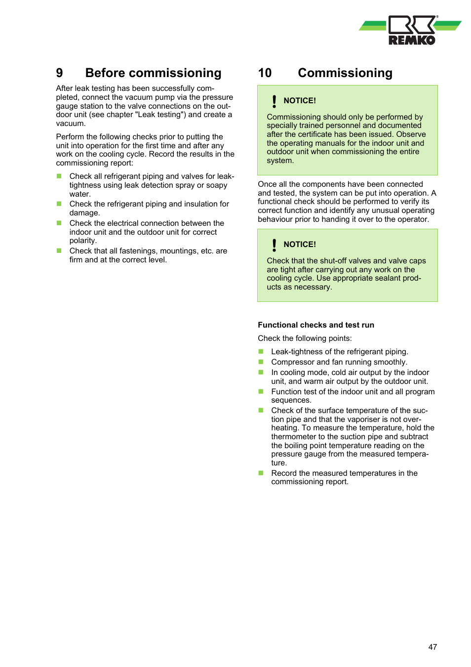 9 before commissioning, 10 commissioning, Before commissioning | Commissioning, 9before commissioning | REMKO RVT 263 DC User Manual | Page 47 / 72