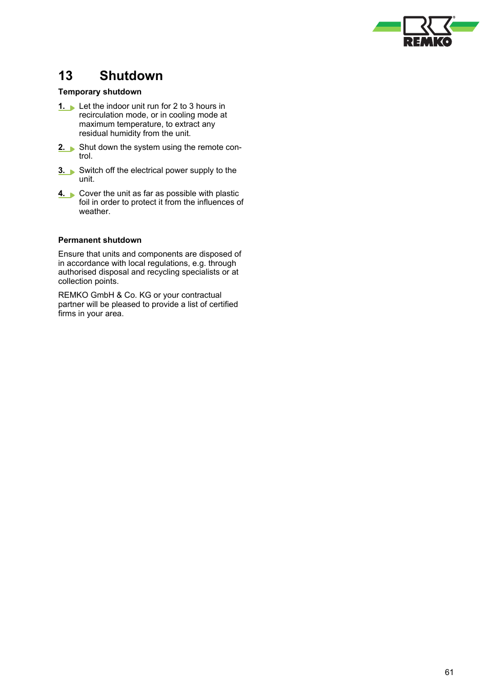 13 shutdown, Shutdown | REMKO RVT 263 DC User Manual | Page 61 / 72