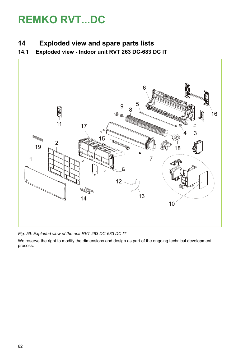 14 exploded view and spare parts lists, 1 exploded view - indoor unit rvt 263 dc-683 dc it, Remko rvt...dc | REMKO RVT 263 DC User Manual | Page 62 / 72