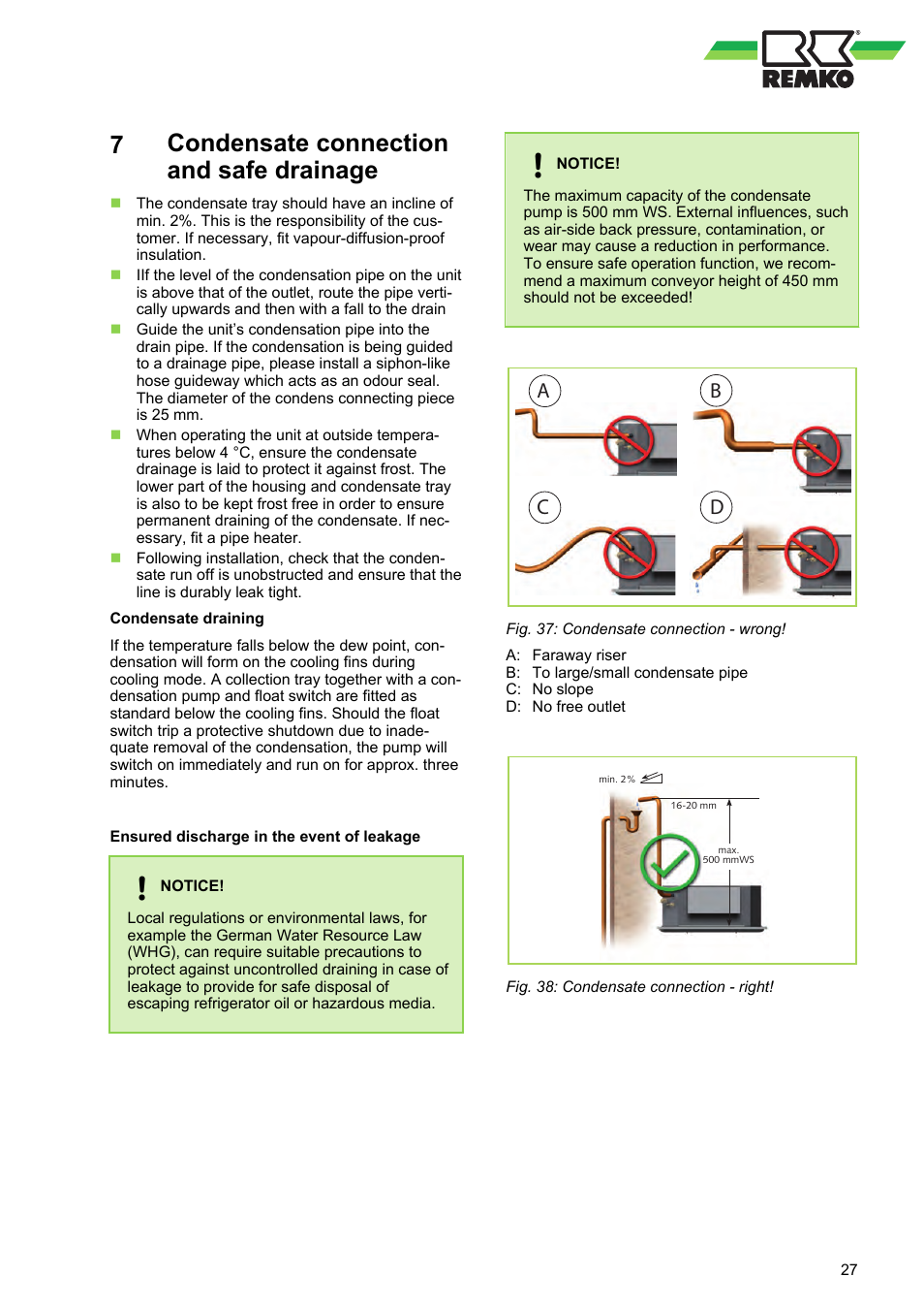 7 condensate connection and safe drainage, Condensate connection and safe drainage, Ac b d | REMKO MXD 202 User Manual | Page 27 / 48