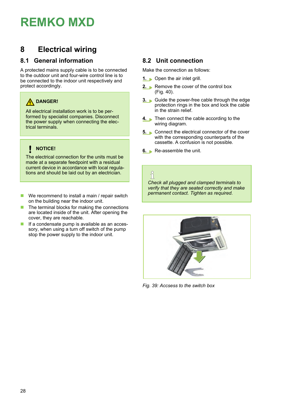 8 electrical wiring, 1 general information, 2 unit connection | Remko mxd, Electrical wiring, General information, Unit connection | REMKO MXD 202 User Manual | Page 28 / 48