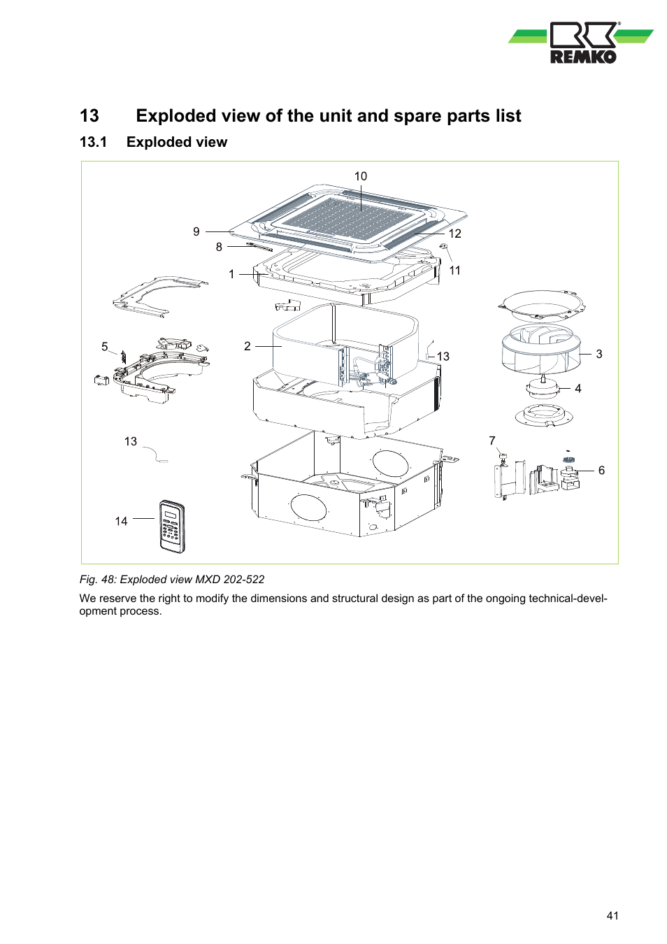 13 exploded view of the unit and spare parts list, 1 exploded view, Exploded view of the unit and spare parts list | REMKO MXD 202 User Manual | Page 41 / 48