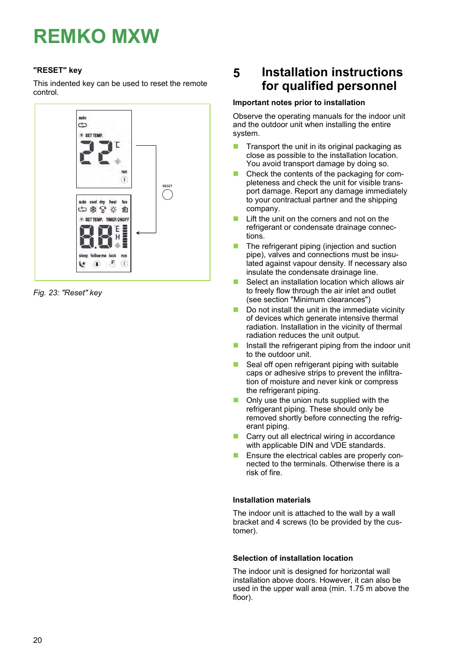 Installation instructions for qualified personnel, Remko mxw | REMKO MXW 202 User Manual | Page 20 / 44