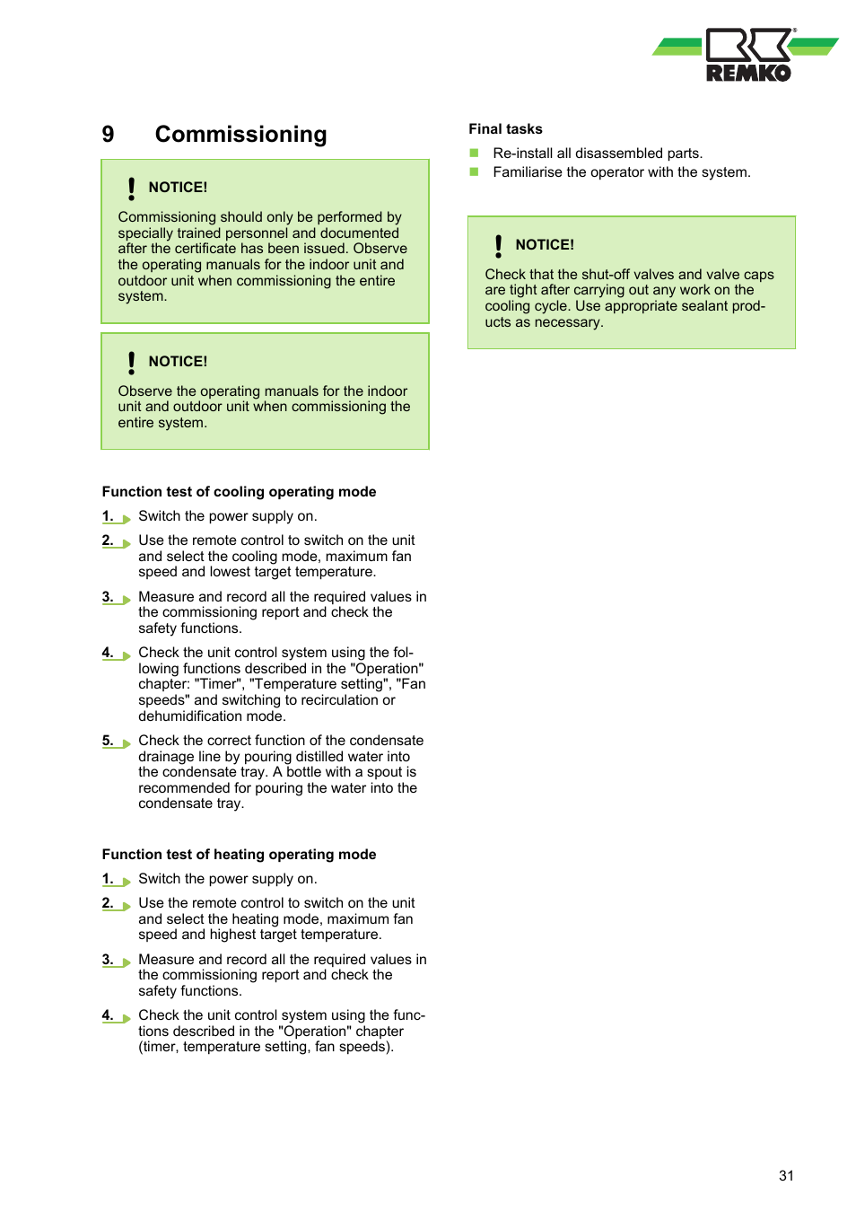 9 commissioning, Commissioning | REMKO MXW 202 User Manual | Page 31 / 44