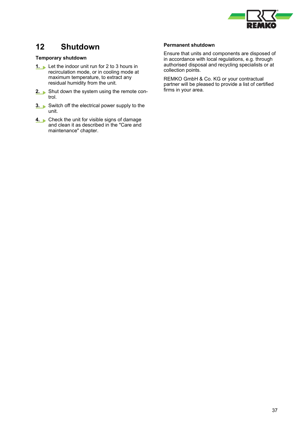 12 shutdown, Shutdown | REMKO MXW 202 User Manual | Page 37 / 44