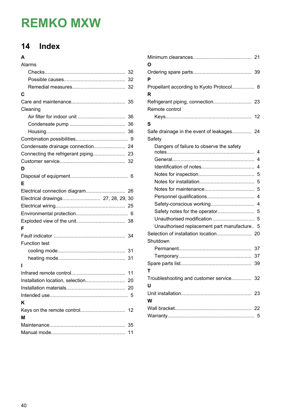 14 index, Index, Remko mxw | REMKO MXW 202 User Manual | Page 40 / 44