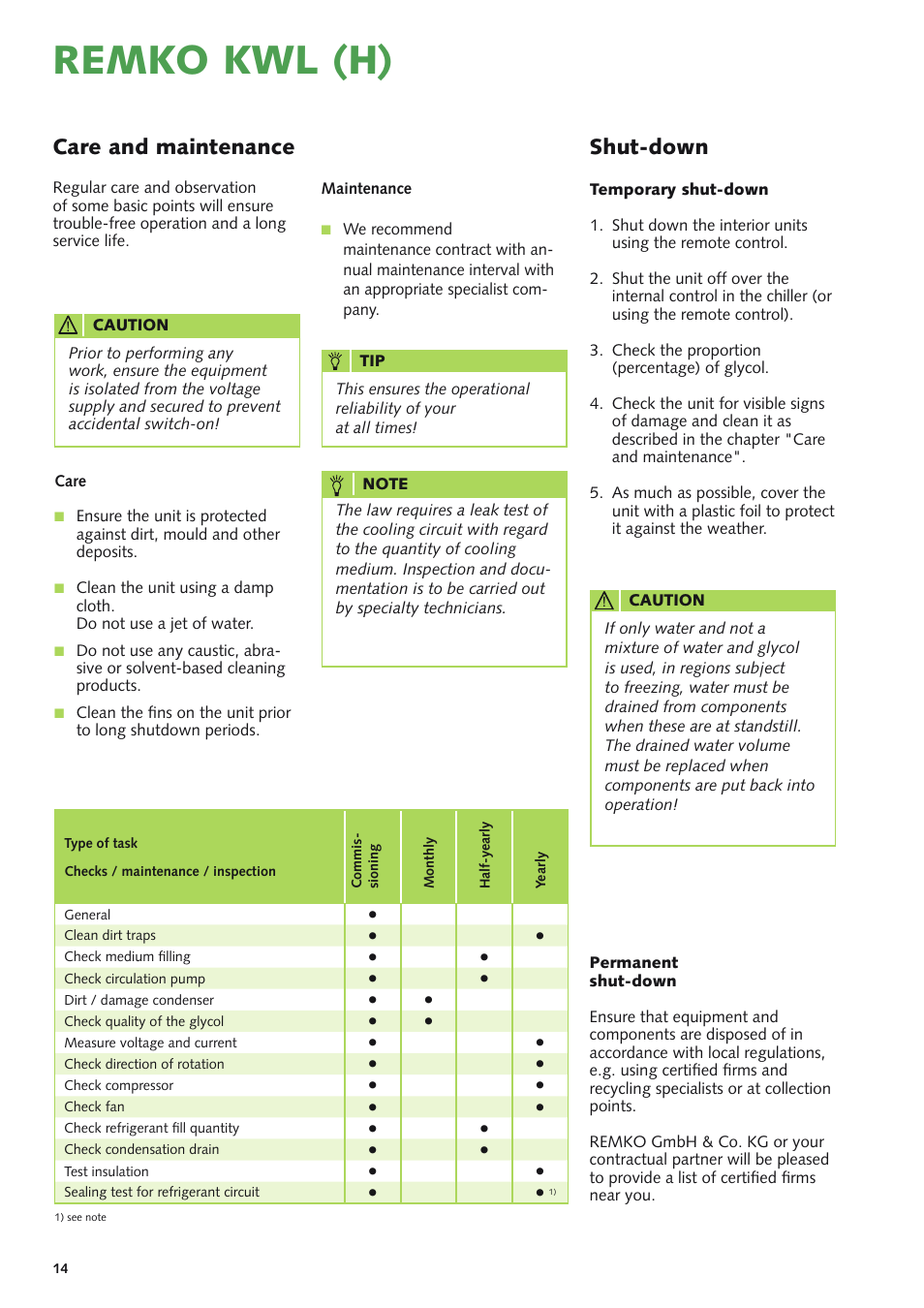 Remko kwl (h), Care and maintenance shut-down | REMKO KWL 130 H User Manual | Page 14 / 48