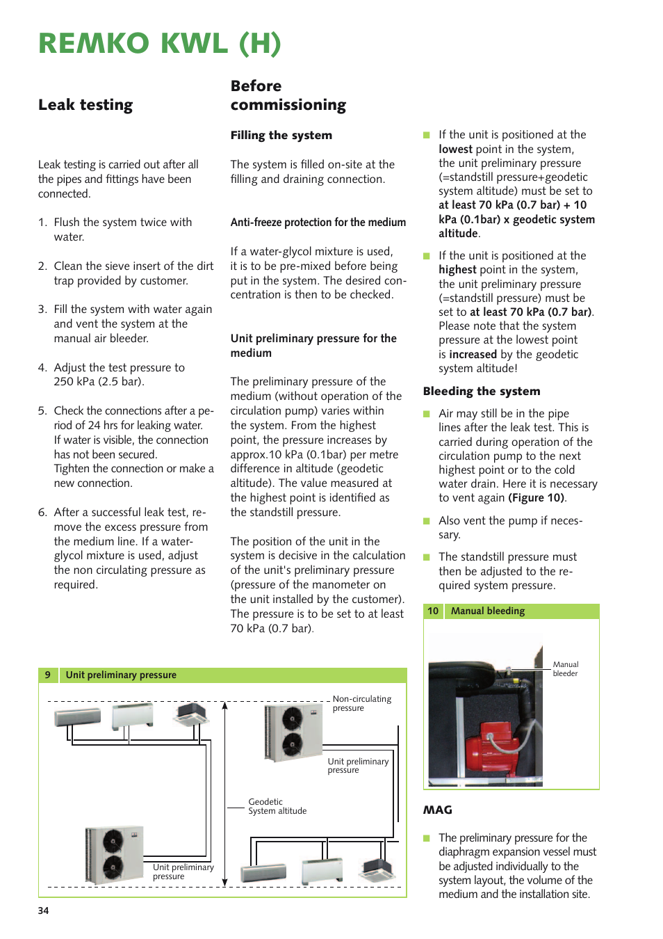 Remko kwl (h), Before commissioning, Leak testing | REMKO KWL 130 H User Manual | Page 34 / 48