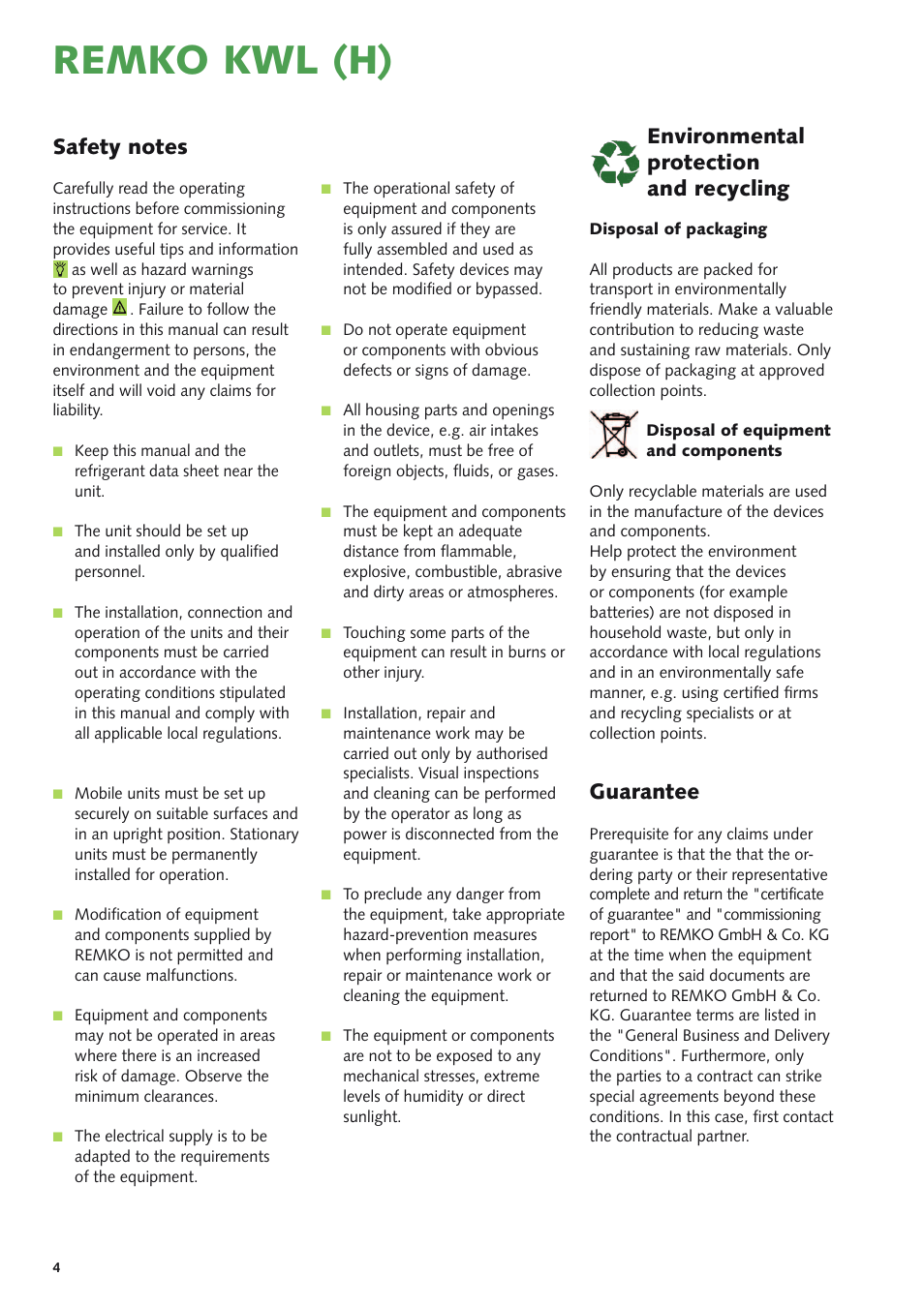 Remko kwl (h), Environmental protection and recycling, Guarantee | REMKO KWL 130 H User Manual | Page 4 / 48