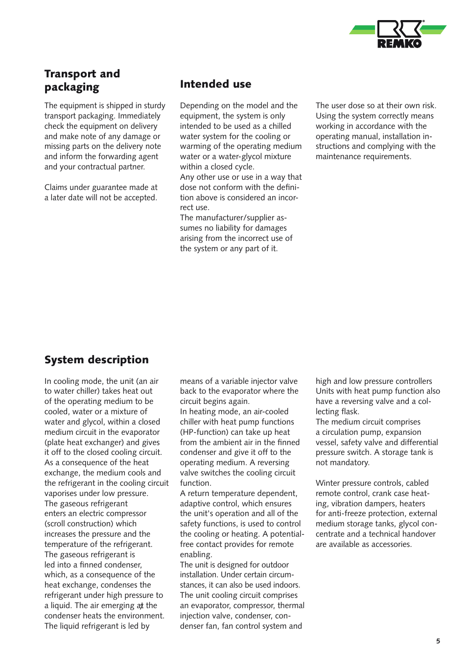 System description transport and packaging, Intended use | REMKO KWL 130 H User Manual | Page 5 / 48