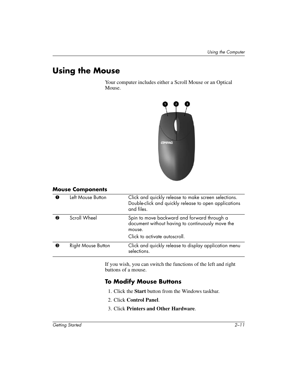 Using the mouse | Compaq PRESARIO 6000 User Manual | Page 17 / 82