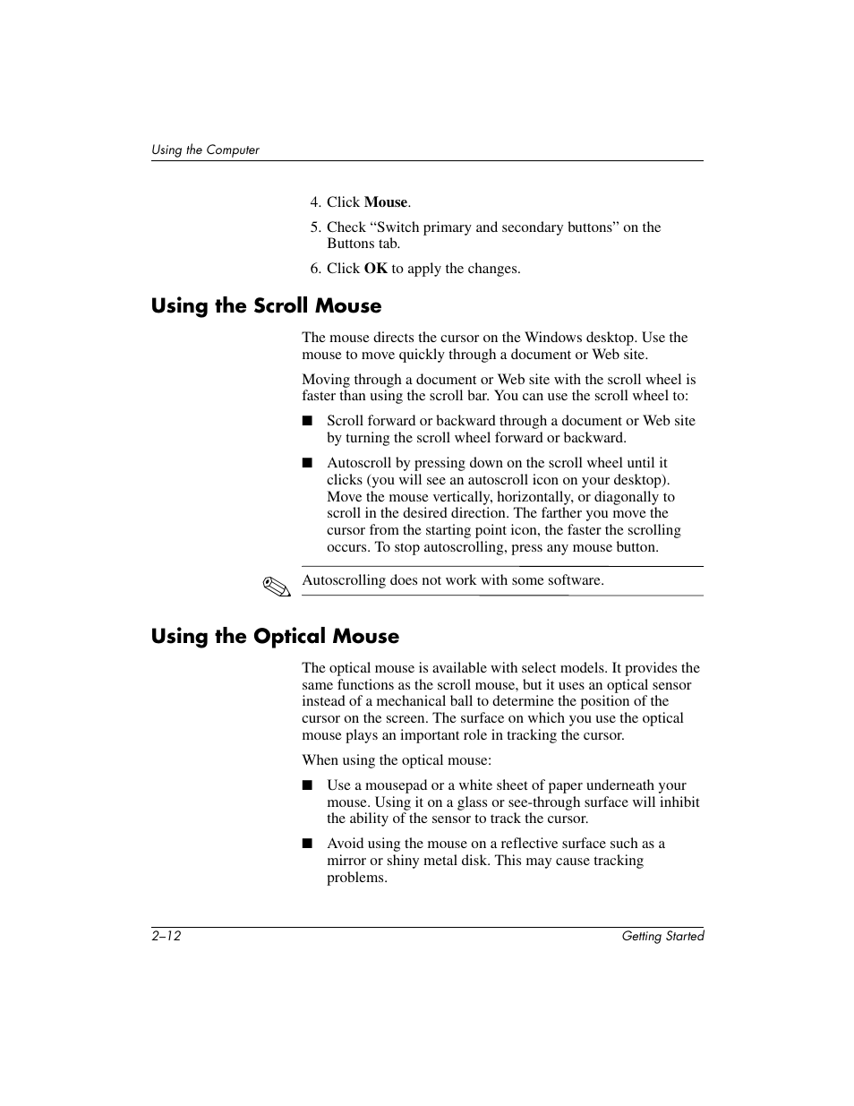 Using the scroll mouse, Using the optical mouse | Compaq PRESARIO 6000 User Manual | Page 18 / 82
